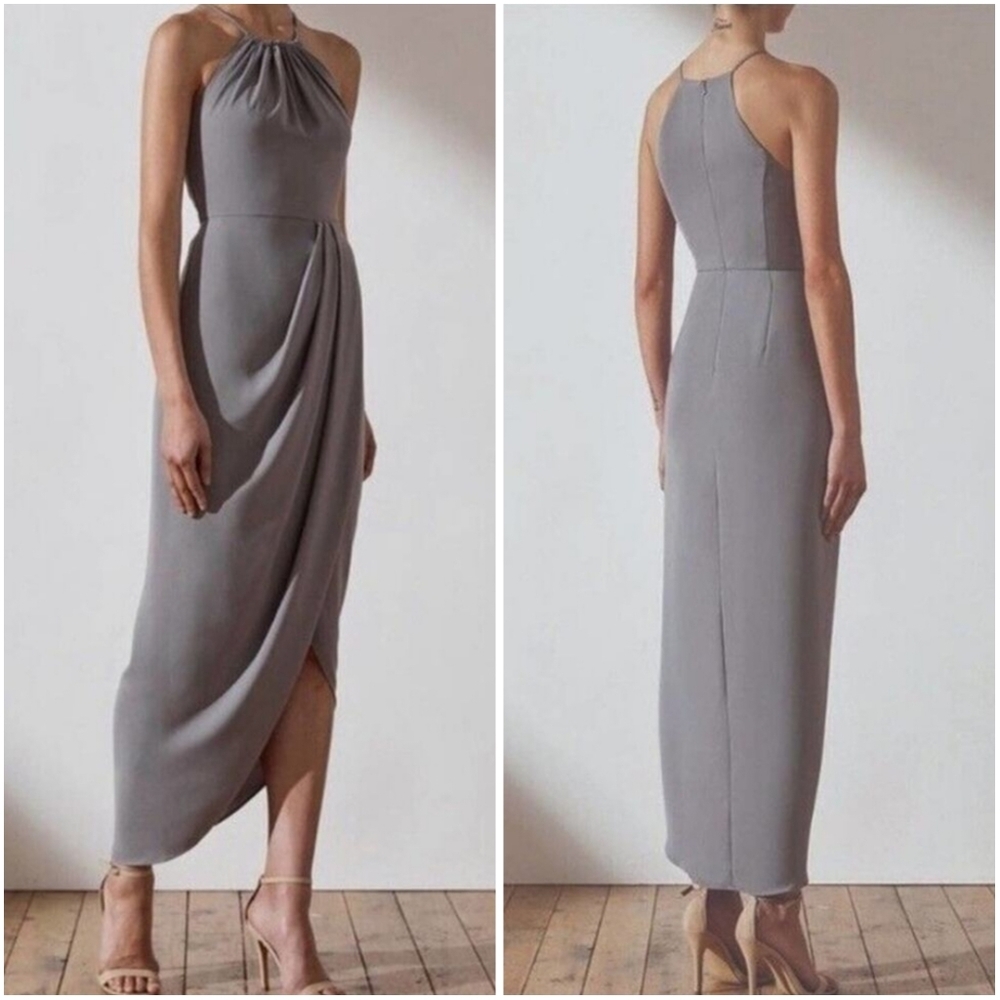 Shona Joy Core High Neck Tulip Drape Maxi Halter Dress Gray 10